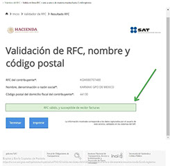Ejemplo de datos correctos en el validador del SAT