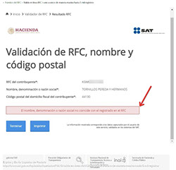 Ejemplo de datos incorrectos en el validador del SAT