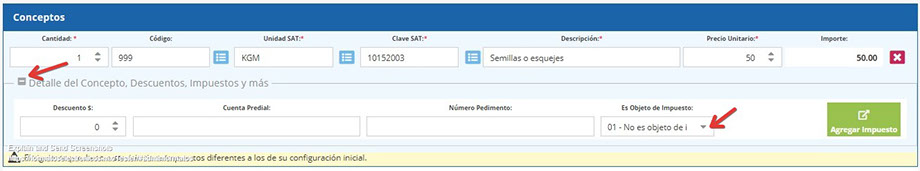 Detalle del concepto para indicar el objeto de impuesto